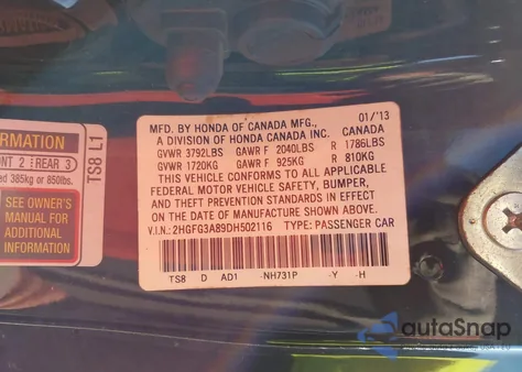 2013 Honda Civic Ex from USA, damaged, VIN 2HGFG3A89DH502116